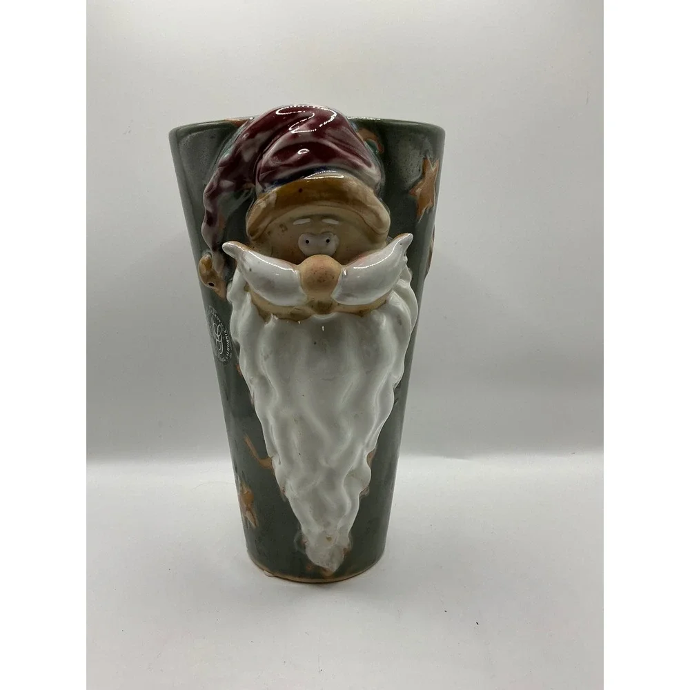 Margies Garden Santa Claus Ceramic Vase Green Holiday Christmas Decor 10 inch